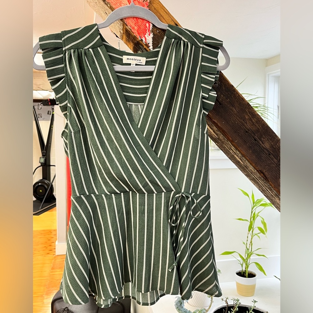 Monteau Green and White Striped Wrap-Style Ruffle Sleeve Blouse